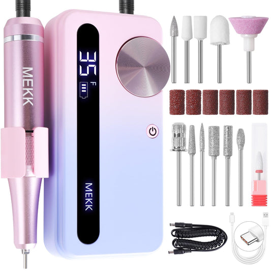 MEKK Nail Drill Kit,35000RPM Electric Nail Drill Professional Electric Nail File with 12PCS Bits,Anti-Shaking Cordless E Filer for Nails with LCD Display,Home & Salon (Pink-Blue)