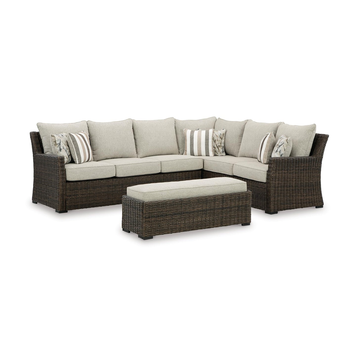 Signature Design by Ashley Brook Ranch Casual Nuvella Weather Resistant Fabric Right Hand Facing Outdoor Sofa Sectional/Bench with Cushion and 6 Throw Pillows, Set of 3, Beige & Dark Brown