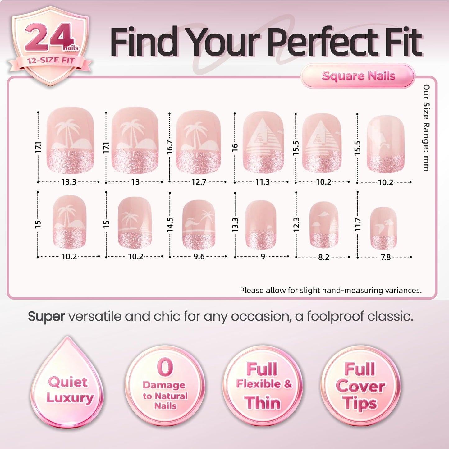 Taoyisent Pink Glitter Press On Nails Short Square 24PCS Soft Gel Reusable Fake Nails Beach Palm Tree Design Full Cover Stick On Nails for Women