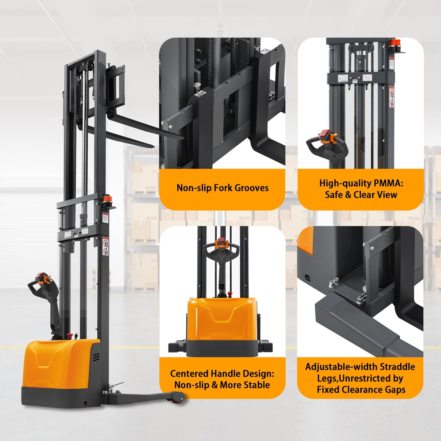 APOLLOLIFT Electric Walkie Stacker, 3300 lbs Capacity 130" Lift Height Powered Drive and Lift Electric Stacker, with Straddle Legs Adjustable Forks Material Lift