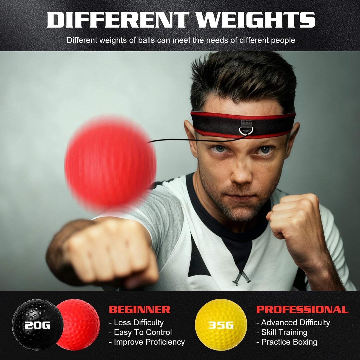 KTEBO Boxing Reflex Ball Headband Set - Includes 4 Different Balls and 2 Adjustable Headbands for Beginner Proficiency Improvement, Great Boxing Equipment, Perfect Stocking Stuffers