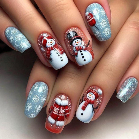 CJDLTS Winter Press on Nails Medium Square Artificial Acrylic False Nails Cute Snowman Snowflake with Glitter Stick on Nail Full Cover Christmas Artificial Fingernails for Women Festival Manicure
