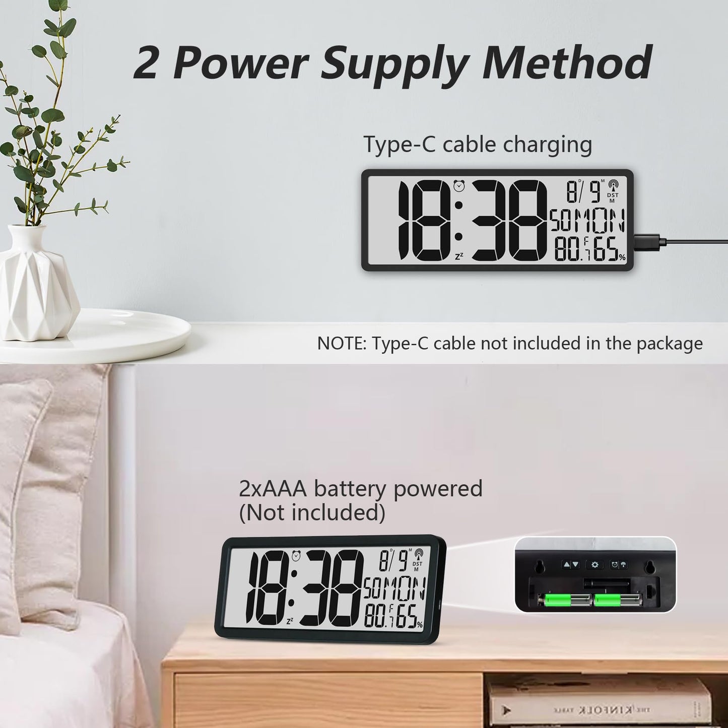 Digital LCD Atomic Desktop Clock, 7.8" Screen with Time, Date, Temperature, Humidity, Alarm, Snooze, DST, Time Zone for Home, Office (No Backlight)