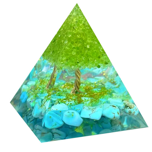 Saefheled Tree of Life Orgone Pyramid,Natural Energy Peridot Turquoise Orgonite Healing Crystal Pyramid,for Reduce Stress,Balance Chakra,Meditation Attract Luck,Accumulate Wealth Health(6cm)