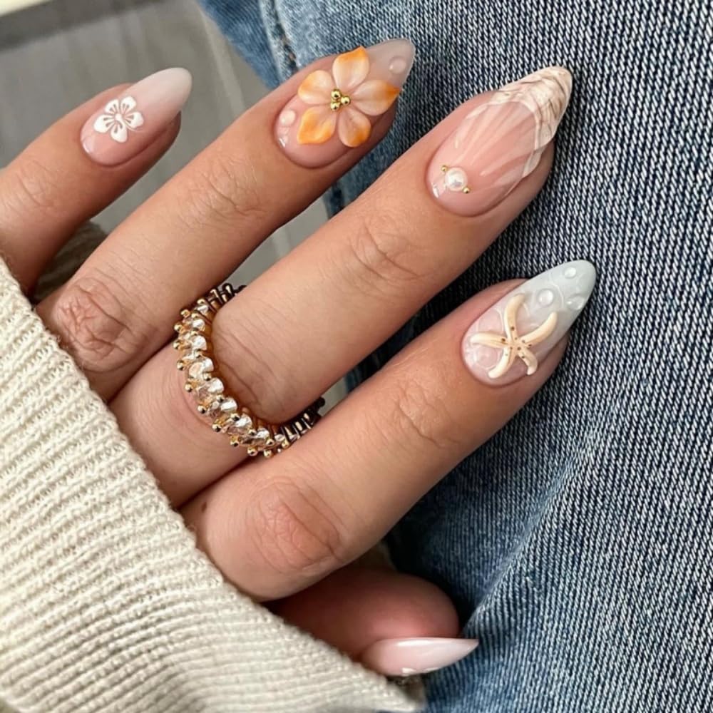 French Tips Press on Nails Medium Almond Fake Nails with 5D Flower Charm Design Glossy Ombre Pink Nails Press on Reusable Starfish Pearl False Nail Spring Summer Nail for Women Manicure 24Pcs