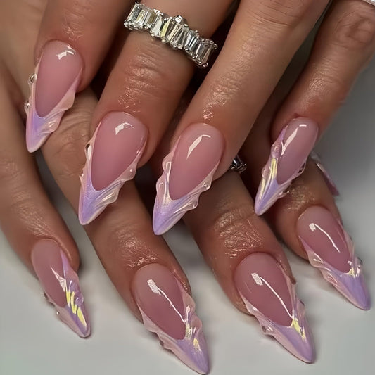 Pink French Tip Press on Nails Medium Almond Fake Nails Glossy Chrome False Nails Press ons 3D Acrylic Nails Shiny Cute Glue on Nails for Women Nail Decoration 24Pcs