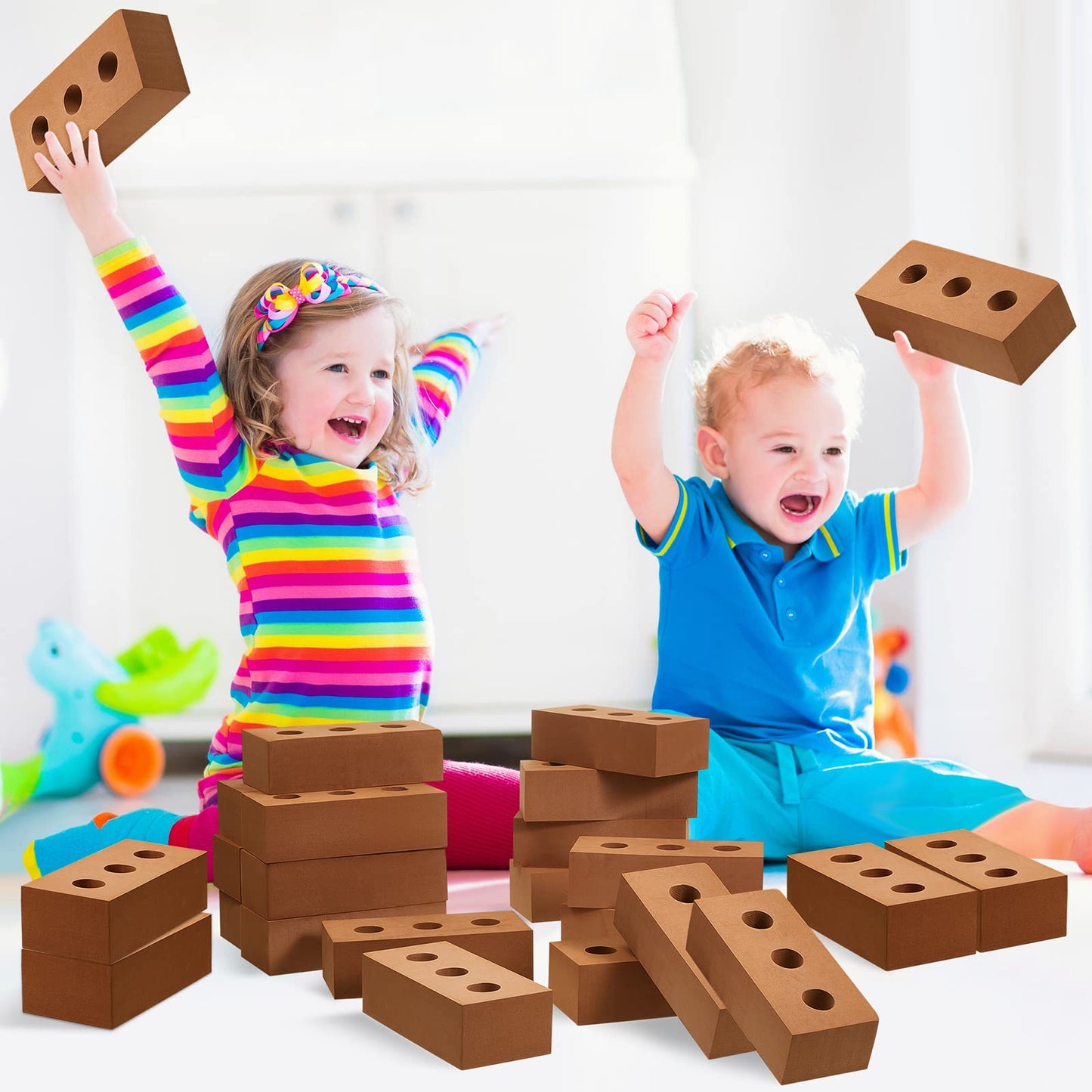 Deekin Foam Brick Building Blocks for Kids Thick Blocks Foam Large Fake Brick Construction Toy for Stacking Construction Gifts, 8 x 4 x 2.4 in(30 Pcs,Circle Holes)