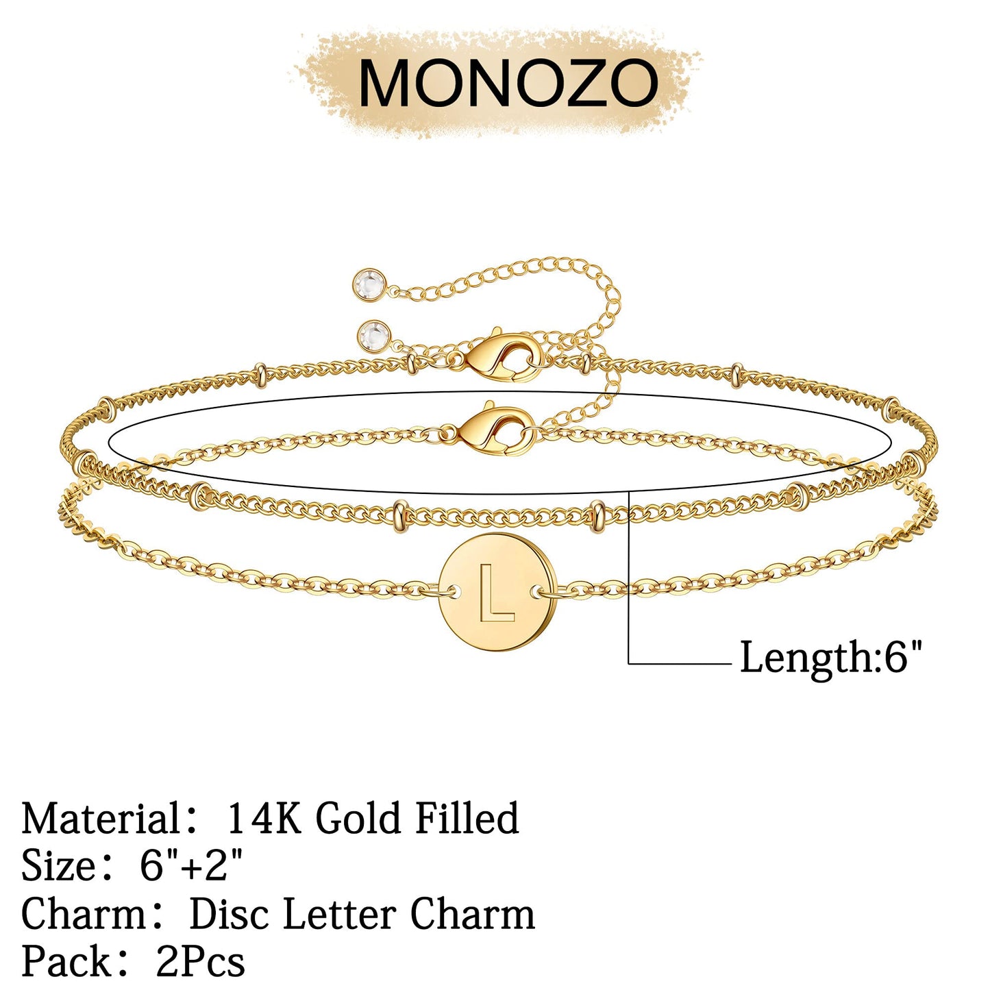MONOZO Gold Initial Bracelets for Women, Dainty 14K-Gold-Plated Layered Beaded L Letter Initial Bracelet Personalized Alphabet Disc Monogram Charm Bracelet Jewelry Gifts