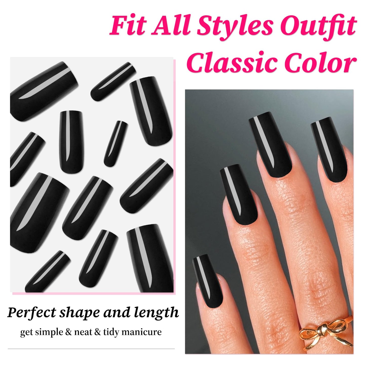 Lifextol Square Glossy Fake Nail 120pc Full Cover Acrylic Long Ballerina press on Nails art Square False Nail for Beginner Women and Girls Manicure(Black)