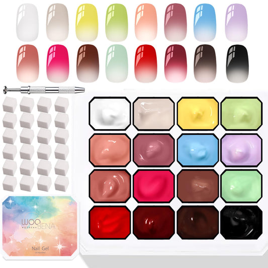 Woobena Pat Pat Gel Nail Polish Set,16 Colors Gradient Patting Gel Polish- Highly Pigmented,No Wipe Ombre & Blooming Gel for French Manicure, DIY Nail Art with 100 Sponges & 1 Grabber,UV/LED Cured