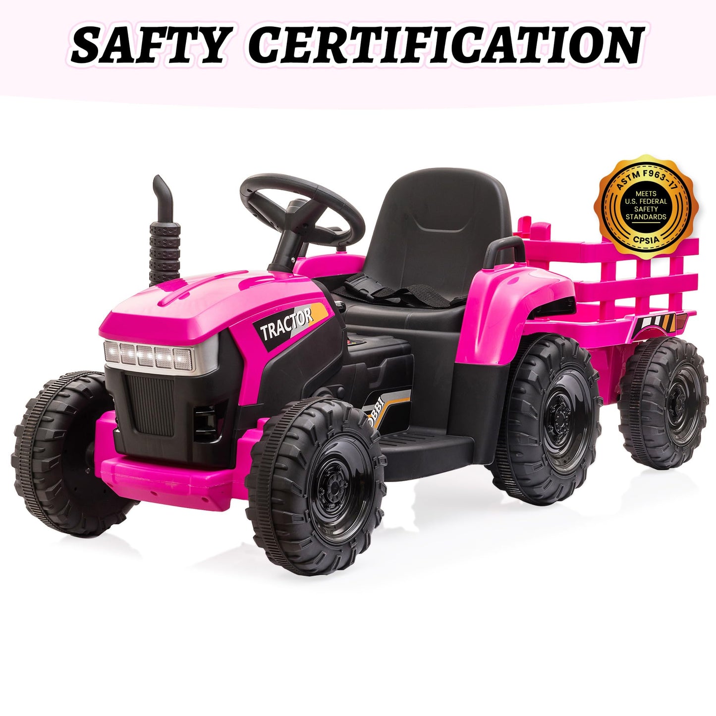 TOBBI Kids Electric Ride On Toy Tractor, Toddlers 12V Battery-Powered Car to Drive, 35W Dual Motor 6-Wheels Trailer Vehicle with 3-Speeds/LED & Horn Functions for Chirdren Aged 3-6-Pink