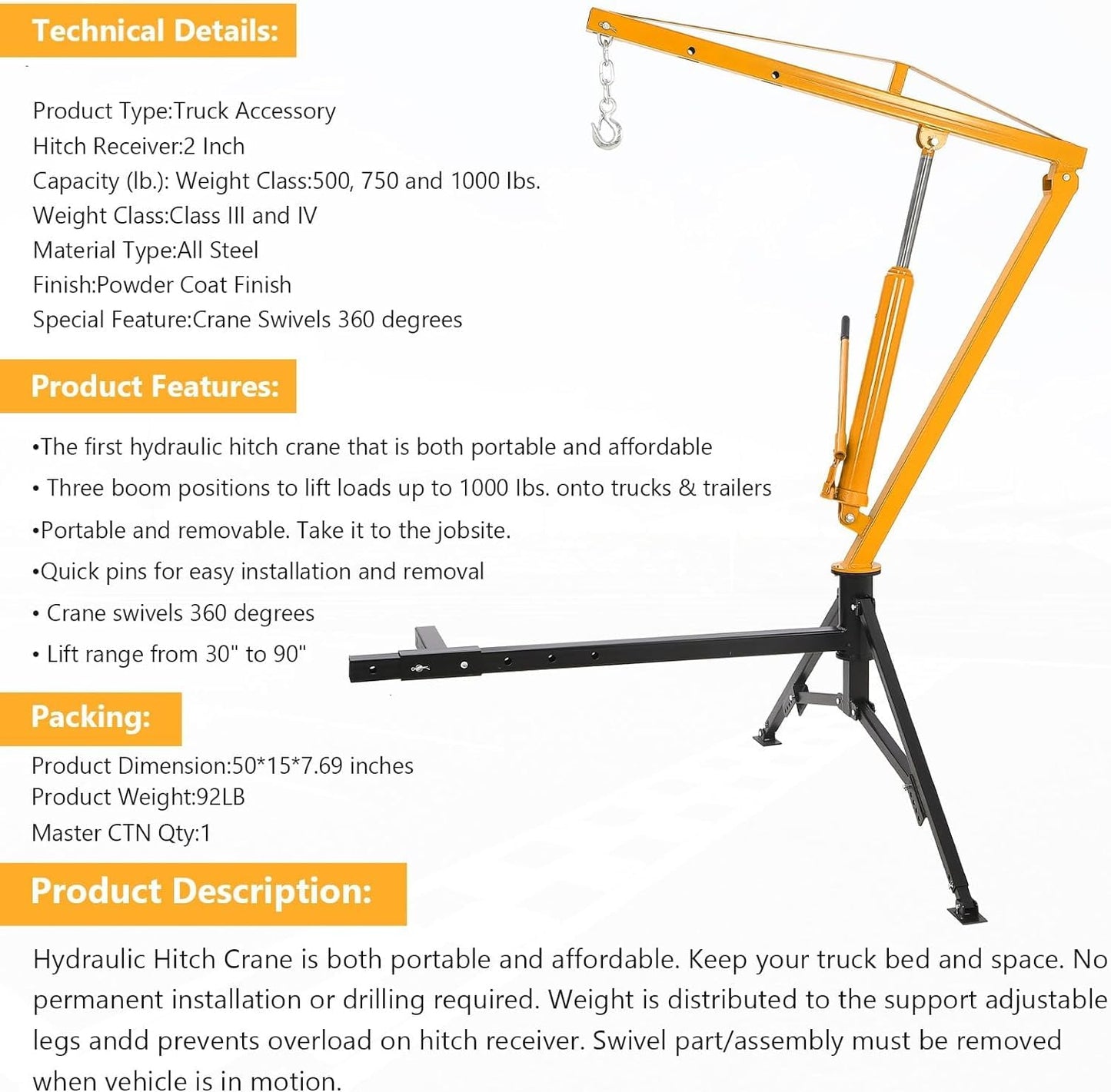 Garvee Hydraulic Pickup Truck Crane, 1000 Lbs Capacity 360°Swivel, Hitch Mounted 3-Adjustable Capacities Yellow for Lifting Goods in Construction