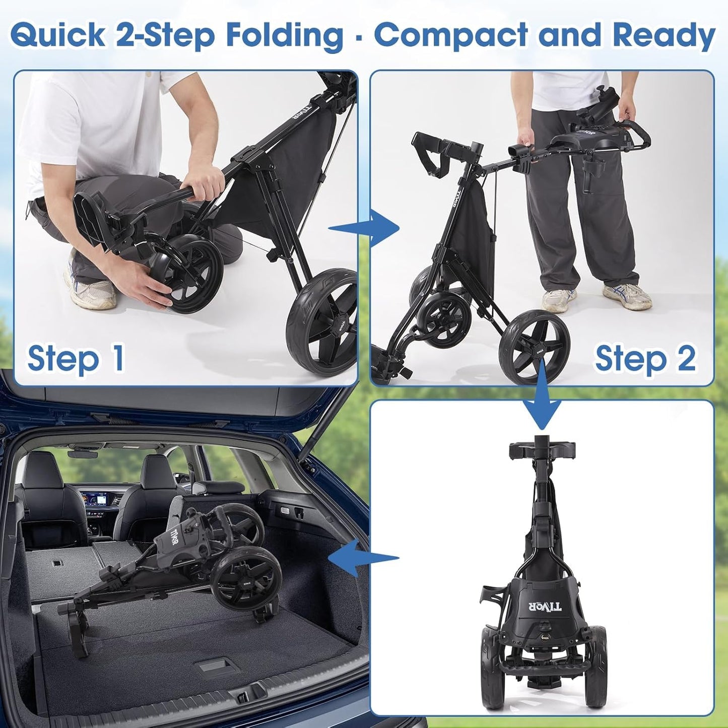 3 Wheel Golf Push Cart,Lightweight Golf Pull Cart with Quad-Fold Frame,and Cleaning Kit Golf,Cooler Bag,Cup/Phone/Umbrella Holder Compact Golf cart-blue