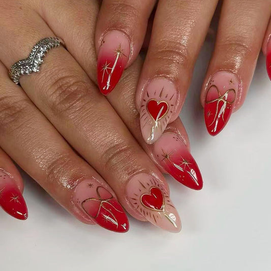 Valentines Press on Nails Medium Artificial Almond Acrylic False Nails Gradient Metal Star Bow Stick on Nail Full Cover Red Love Reusable Coffin Artificial Fingernails for Women Festival Manicure