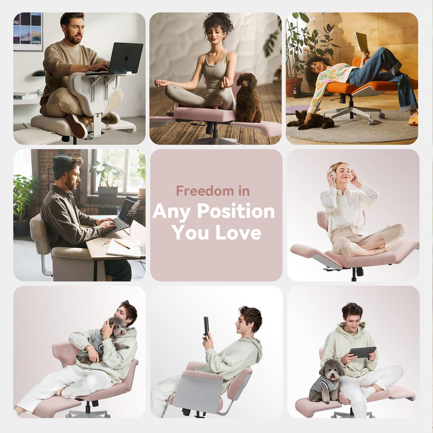 Newtral Criss Cross Chair with Wheels & Armrests, Cross Legged Office Chair with Hidden Tray, Multi-Position Recliner Vanity, Portable Workstation, Ideal for Home Office,Yoga & Pet Lovers