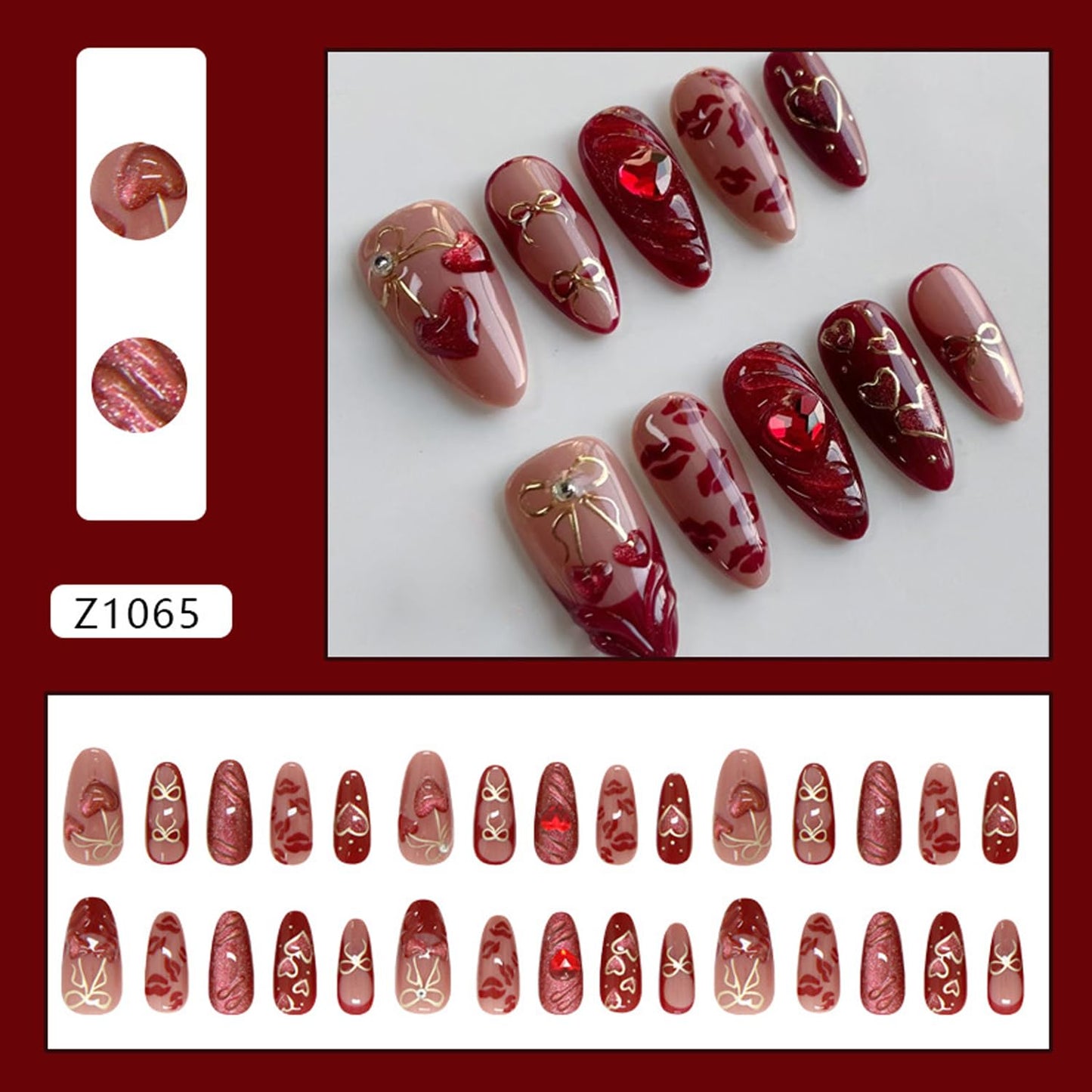 24pcs red Press on Nails Medium Almond Fake Nails with Luxury Glitter Love Heart Gems Design Fashion Retro Red Almond False Nails Ins Simple Red Festive Holiday Nail Manicure for Women Acrylic Nail