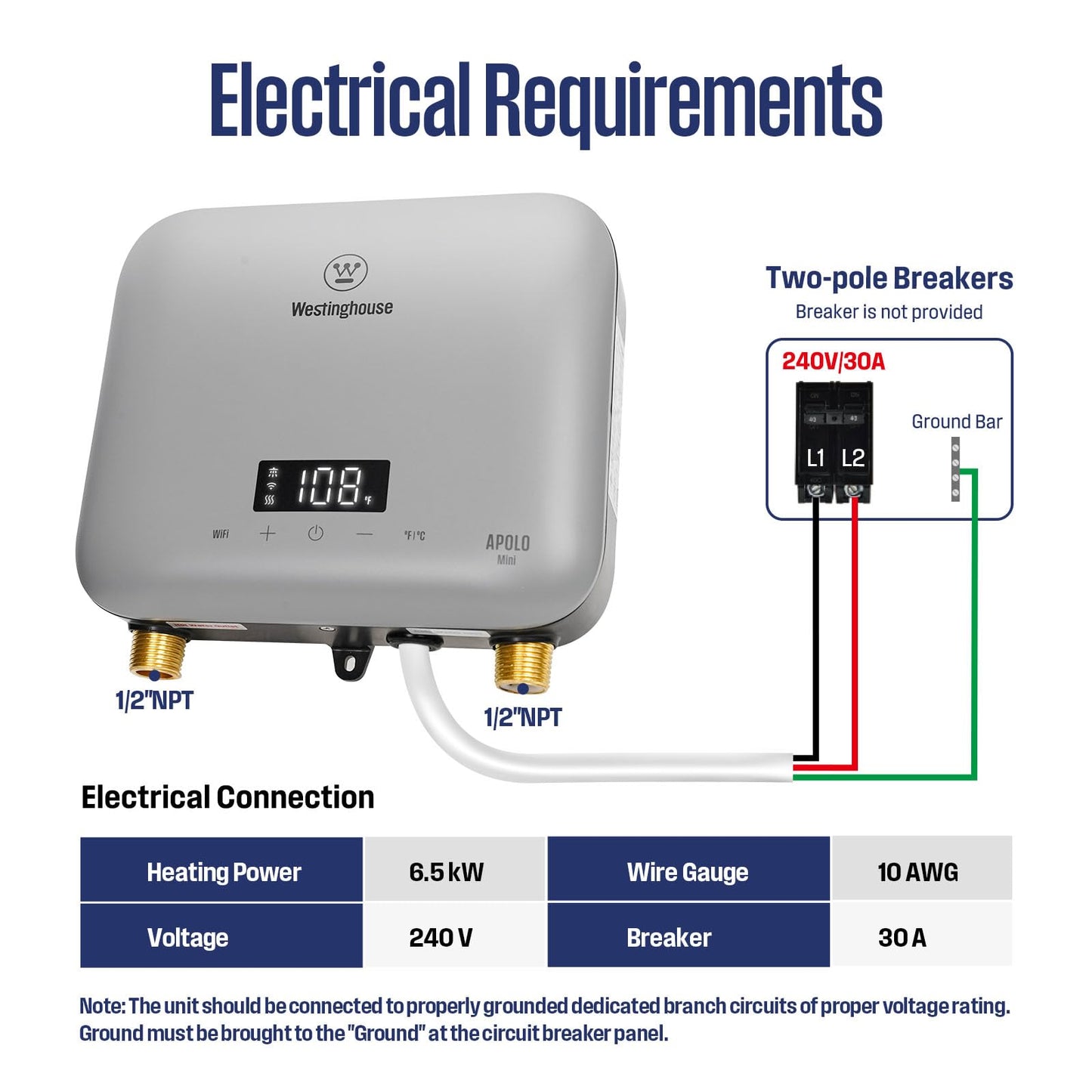 Westinghouse Apolo Mini 6.5kW Tankless Water Heater Electric, 240V Instant Hot Water, Smart WiFi Control, Compatible with Alexa & Google Home, Deep Blue