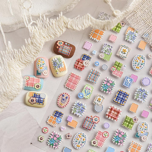 Cottagecore Nail Stickers – 5D Embossed Floral & Plaid Art Decals, Aesthetic Self-Adhesive Design for DIY Nails, Vintage Pastel Patterns Cozy, Cottage-Inspired Manicure, Home or Salon