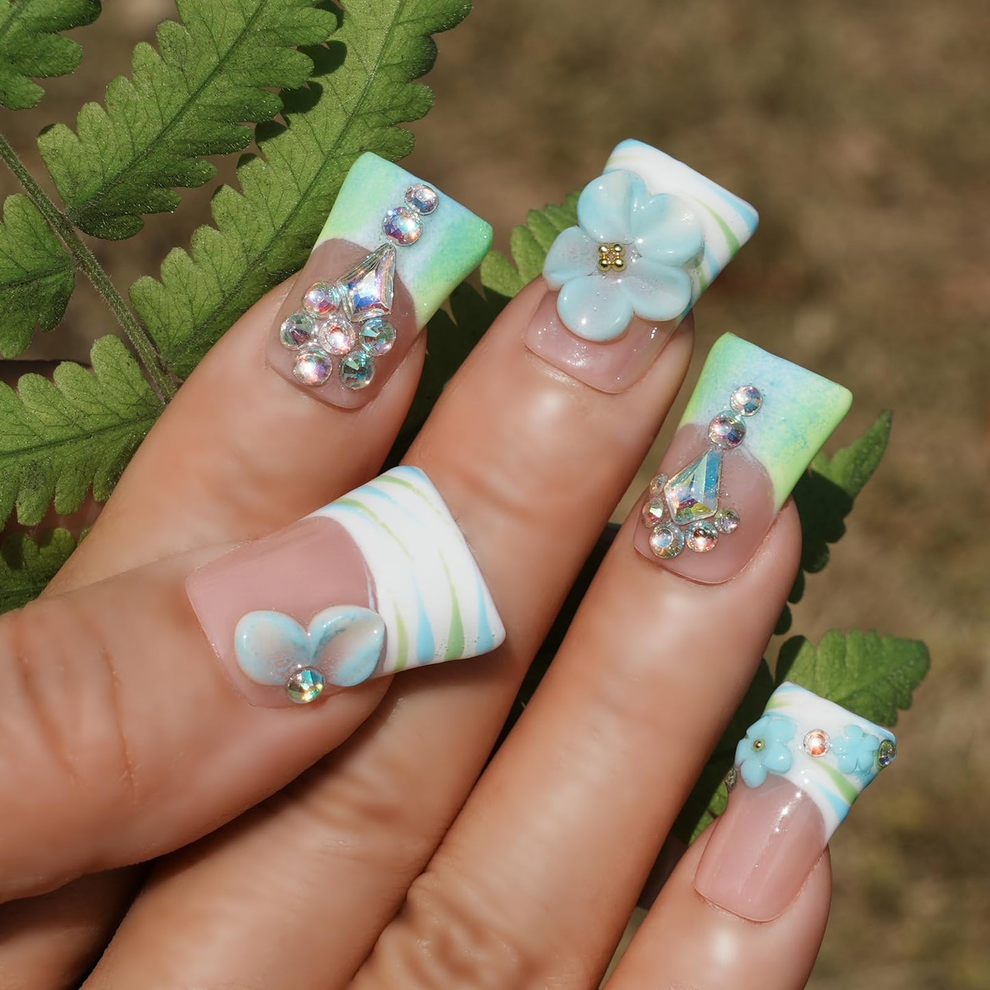 Tesytto Luxury Press On Nails Handmade Short Duck Nails, Mint Green Ombre French with 3D Floral Charms, Bling Crystal False Nails, Glossy Art Designs Reusable Acrylic (Misty Blue Floral Glitz,M)
