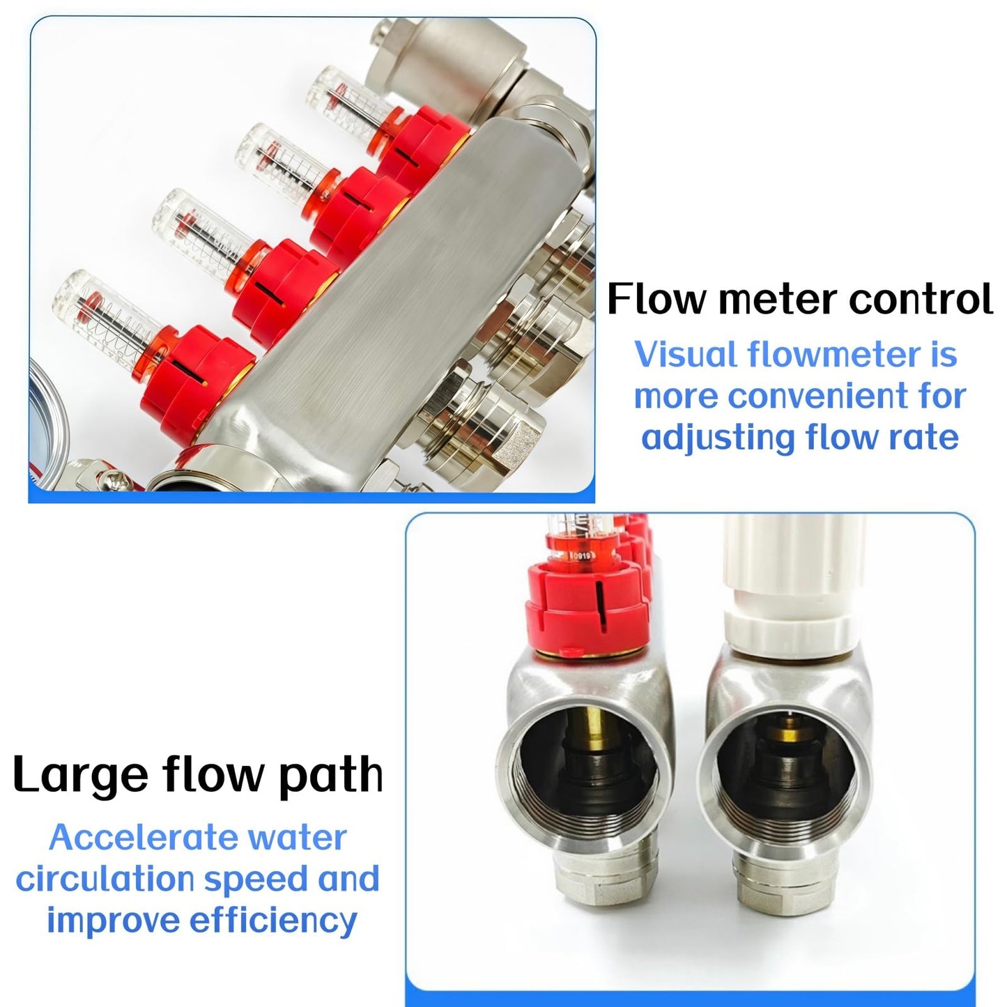 YUFUYEK 6-Branch PEX/Radiant Heat Manifold，1/2" PEX Tubing Manifold,304 Stainless Steel Floor Heat Manifold Kit with 1/2" Adapters Included for Hydronic Radiant Floor Heating (6-Loop)