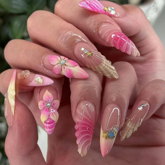 Press on Nails Long Stiletto Fake Nails with 5D Embossed Flower Design Seashell Ombre French Tips Glue on Nails Spring Summer Nail Reusable Full Cover for Women Manicure 24Pcs