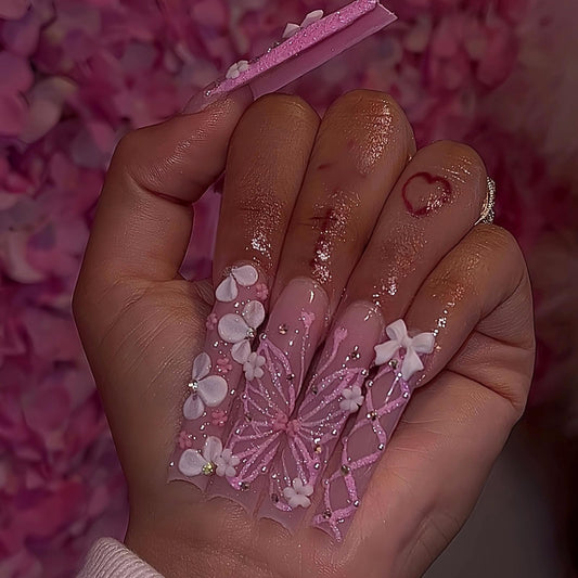 MISUD Press on Nails - Long Square Fake Nails with Pink French Tip, Acrylic Flower Butterfly Design 24 pcs