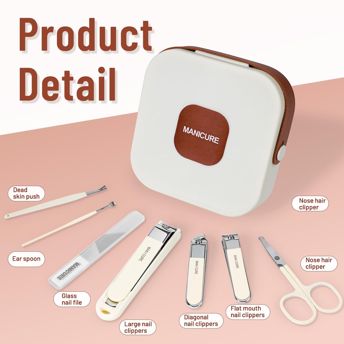 Nail Clippers and Beauty Tool Portable Set, Cuticle Nail Care Tools, 7pcs Stainless Steel Grooming Kit, Suitable for Home, Workplace, Outdoor Travel, Gift Giving, Salon., Beige+Brown