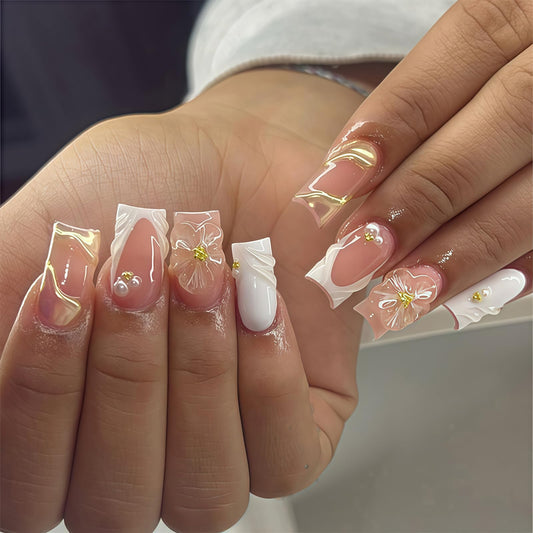 Flower Press on False Nails French Tip Fake Nails Medium Square Glue on Nails with Gold Striped Pearl Designs Glossy Press ons Stick on Nail for Women Manicure 24Pcs