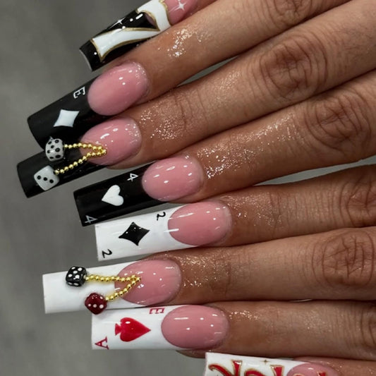 Pink & Black Poker Theme Long Square Press on Nails with Dice & Gold Chain Fake Nails Artificial Stick on Nails for Women, Casino Night Nail Art Set