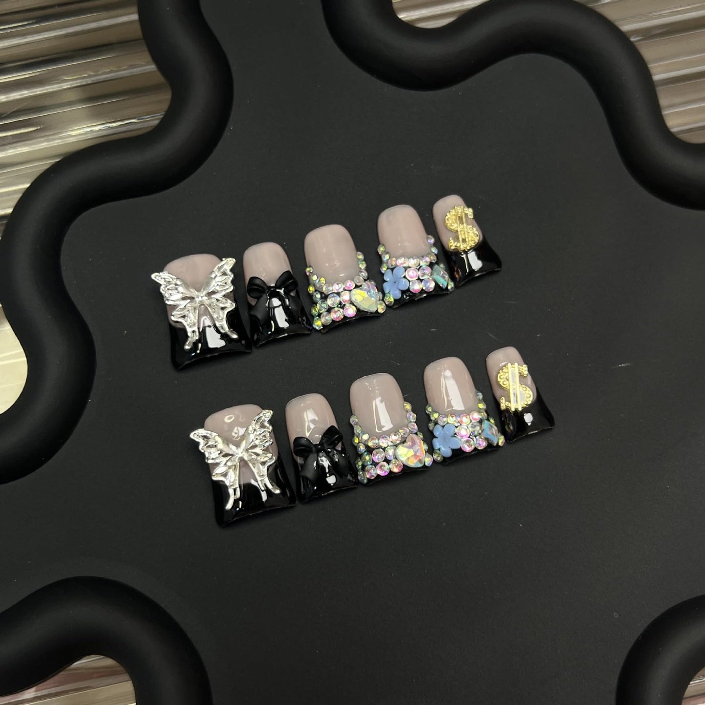 10pcs Handmade Press on Nails for Women - Medium Duck Curve 3D Thick Acrylic Fake Nails Reusable,Designer Floral Butterfly Rhinestones Bling Boho Funky Y2k Nail-art Set,M,black