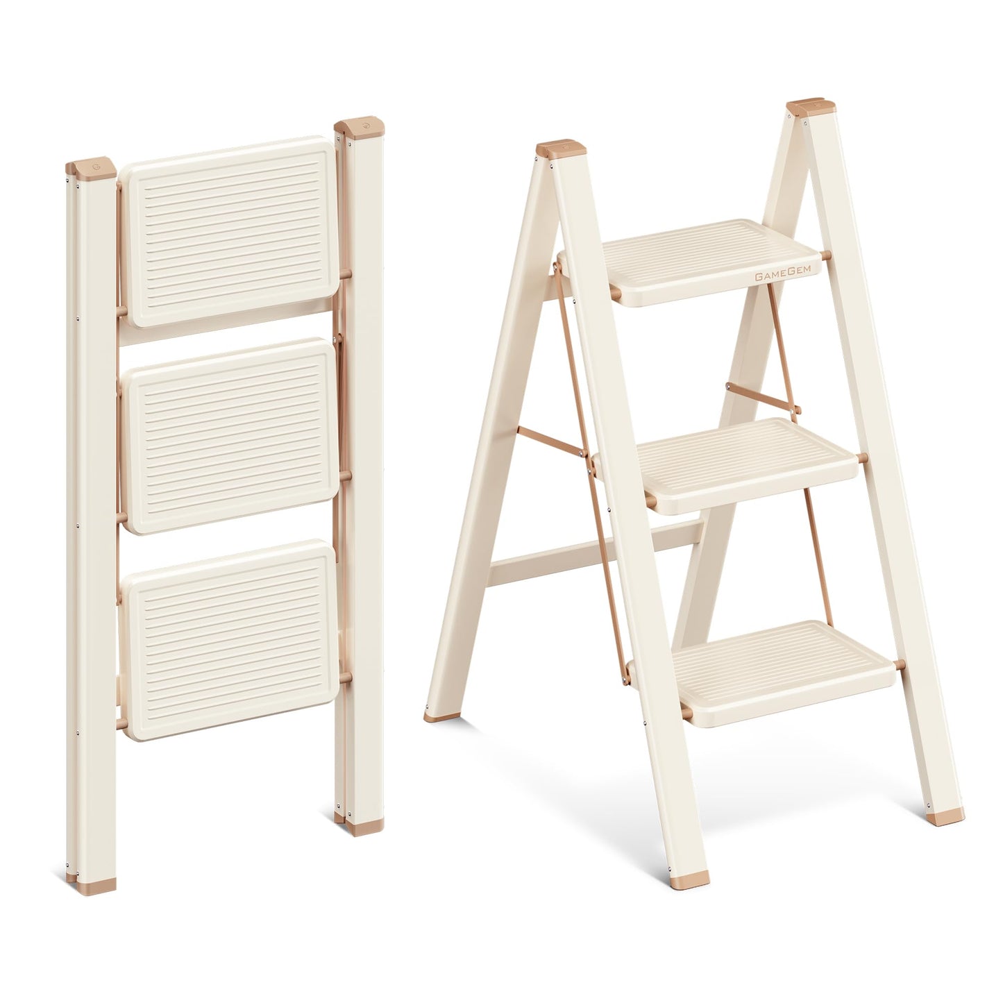 GameGem 3 Step Ladder, 3 Step Stool for Adults, Folding Step Ladder with Secure Footing, Widened Pedal, Aesthetically Pleasing Looking, Blends Right into Domestic Rooms, Cream Chocolate