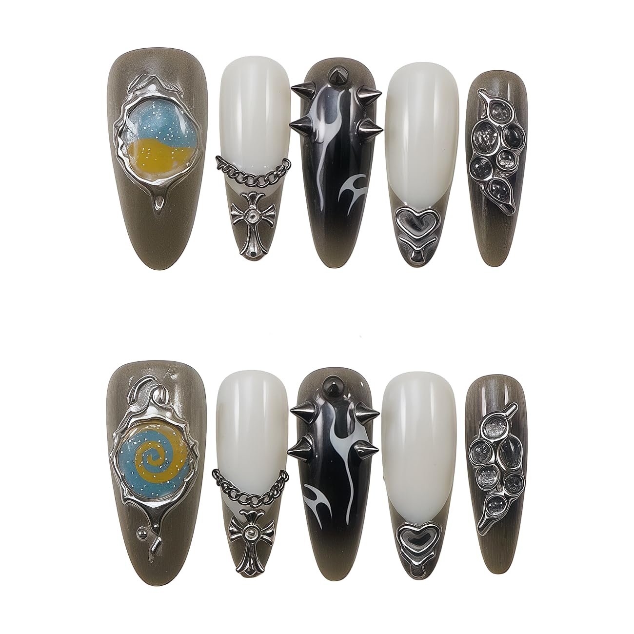 WZHAOJUN Y2k Punk Handmade Press On Nails,Black White Gradient Fake Nails With 3d Silver Cross Chain Spikes, Planet Heart Metal Charms, Gothic Acrylic False Nails For Women Nail Art Decor