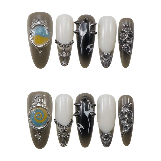 WZHAOJUN Y2k Punk Handmade Press On Nails,Black White Gradient Fake Nails With 3d Silver Cross Chain Spikes, Planet Heart Metal Charms, Gothic Acrylic False Nails For Women Nail Art Decor