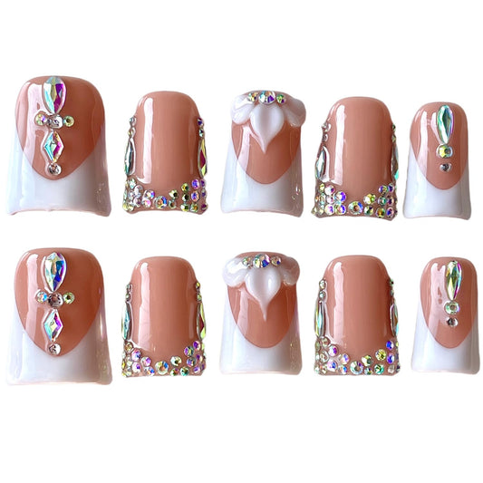 Handmade Press On Nails, Short Medium Duck Shape, Nude White French Tip with 3D Flower and Crystal Rhinestones, Luxury Glue On Fake Nails (M)
