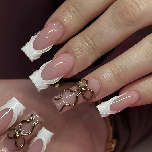 IMRAIN Press on Nails Long Square Fake Nails White French Tips False Nails with 3D Golden Bow Designs Full Cover Glue on Nails for Women