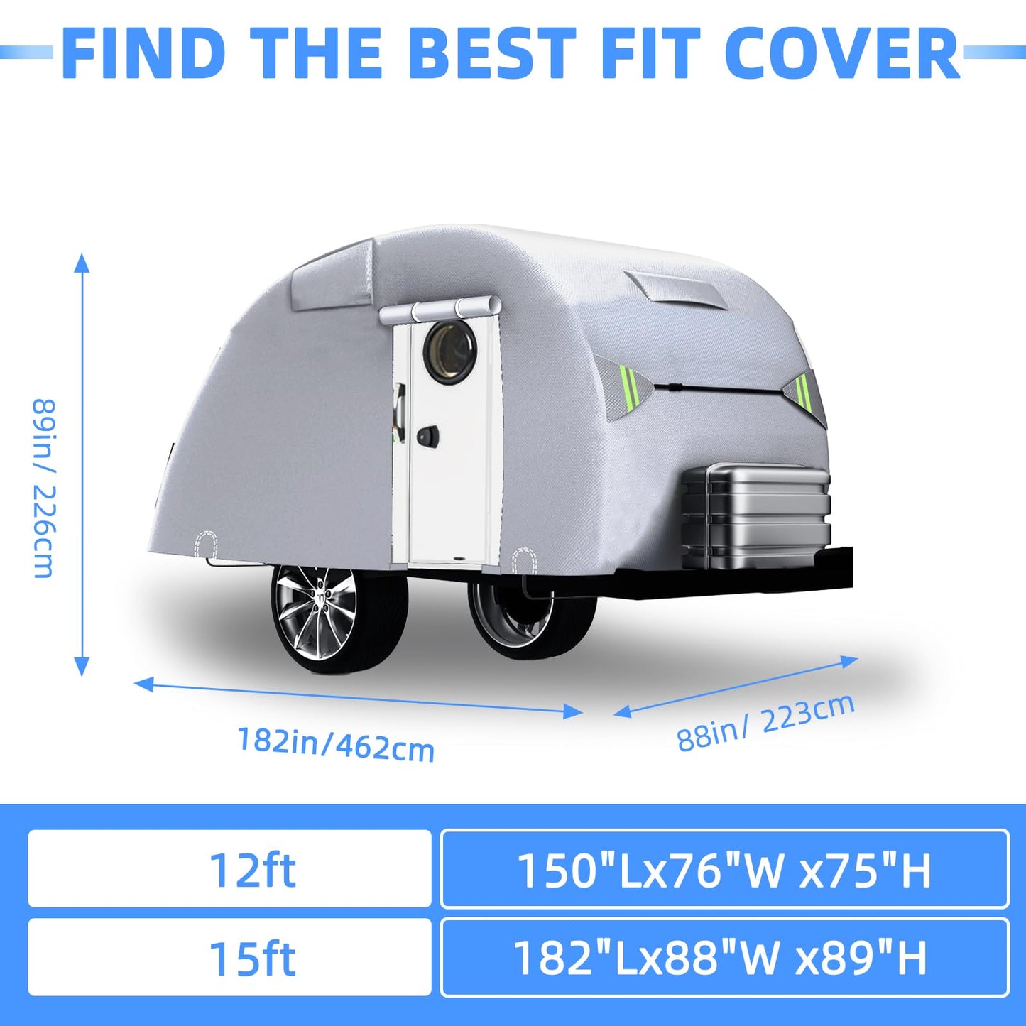 Zenicham Teardrop Camper Cover Waterproof, Fade and Tear Resistant Travel Trailer Cover Fits 15ft, Utility Silver Coated Fabric RV with Metal Buckle, Outdoor Windproof Heavy-Duty Camper Covers