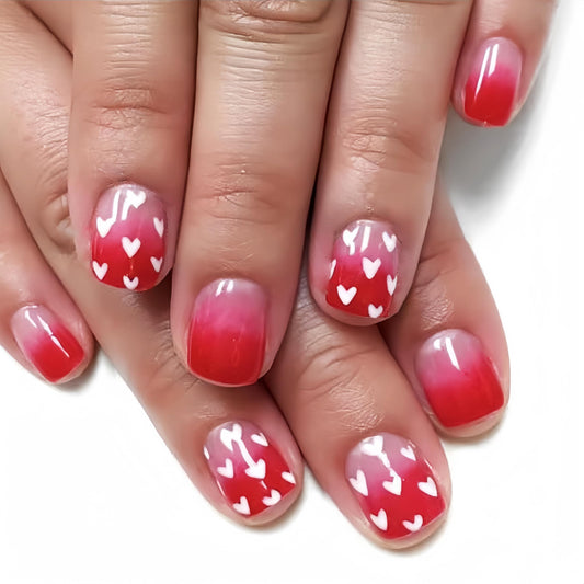 24Pcs Valentine's Heart Press on Nails Short Square Fake Nails with Red Gradient White Heart Designs Holiday Glue on Nails Acrylic Nails Glossy Cute Artificial Nails False Nails for Women Girls