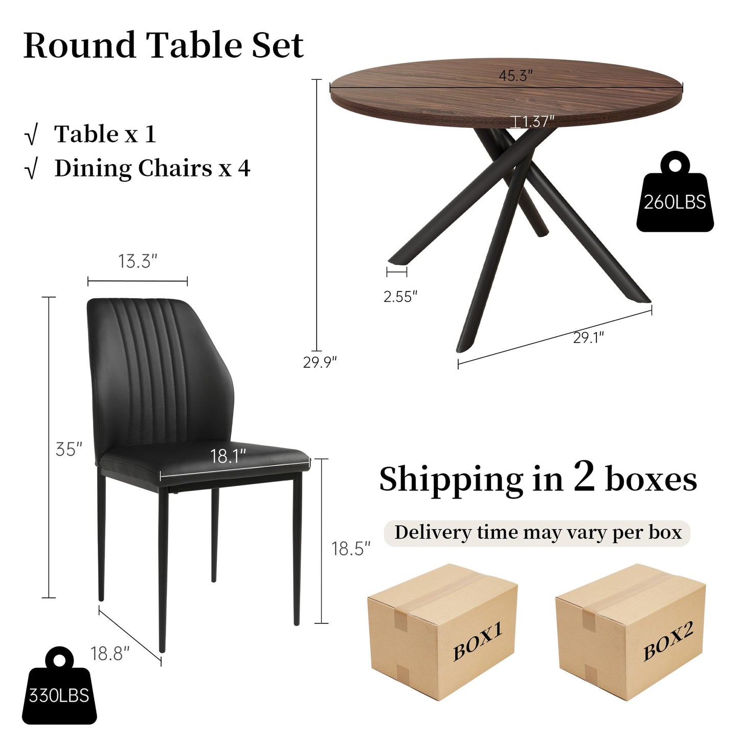 HIPIHOM 45.3'' Walnut Round Dining Table Set for 4, Mid Century Modern Small Coffee Set for Dining Room Kitchen Apartment (Dark Walnut Table + 4 Black Chairs)