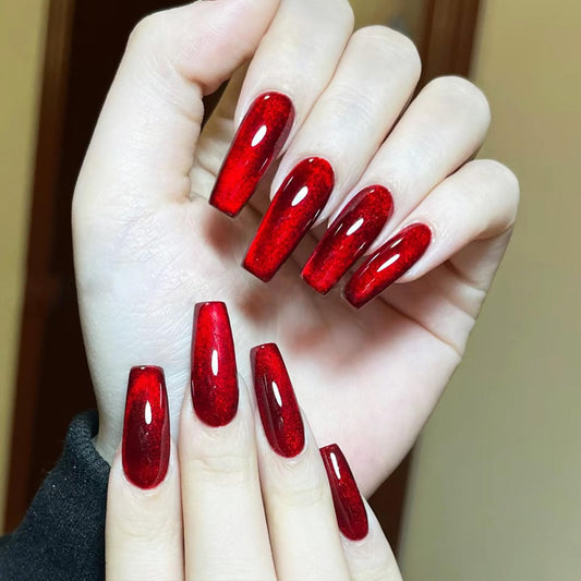 KKUUOO Wine Red Press on Nails Medium Coffin Fake Nails Gradient Design False Nails Shiny Acrylic Nails Full Cover Stick on Nails for Women Manicure 24 Pieces