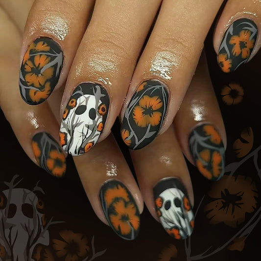 24Pcs Halloween Ghost Press on Nails Short Cute Ghost Flower Pattern Design Halloween Nail Full Cover Frosted Artificial Acrylic False Nail Black Oval Festival Stick on Nails for Women DIY Supplies