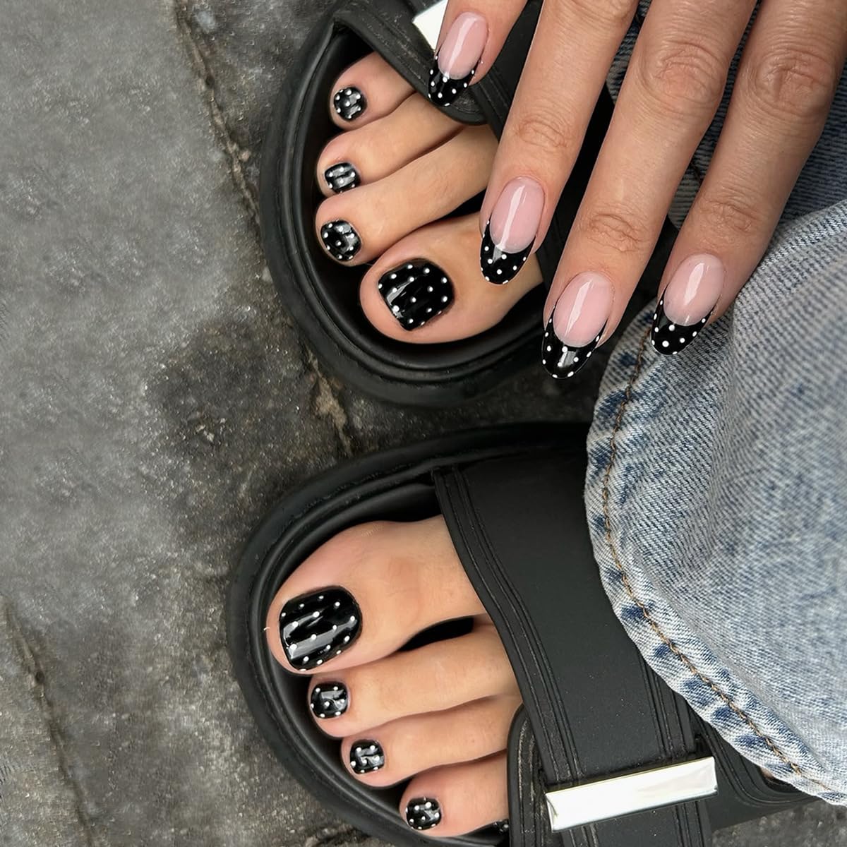 Polka Dot Press on Nails and Toenails Set - Medium Almond Nude Fake Nails, Full Cover Short Square Black False ToeNails, Reusable Glue on Nails for Women Manicure & Pedicure Nail Kit