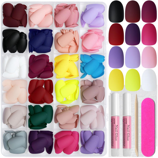 AddFavor Press on Nails Short Oval Fake Nails, 576pcs 24 Colors Oval Press on Nails Full Cover Acrylic Nail Press ons, Matte False Nail Tips for Women Glue on Nail