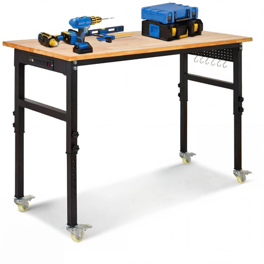 70-Inch Height Adjustable Workbench with Power Outlets, Solid Rubber Wood Top Heavy Duty Garage Tool Table, Workstation with Pegboard, Hooks and Ruler