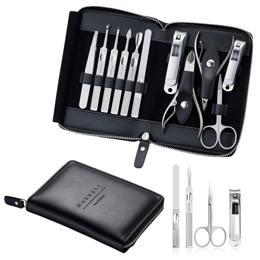 Makartt Manicure Kit: Professional Nail Care Clippers Set - 11 pcs Stainless Steel Tavel Women Men Fingernail Grooming Tool with Portable Black Leather Case