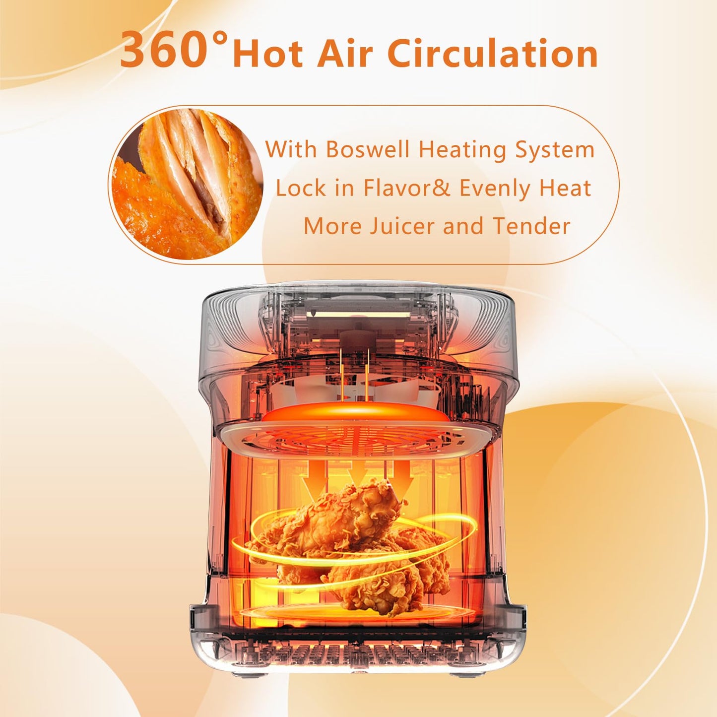 BOSWELL Glass Air Fryer, 7.5QT with Transparent Fry Bowl, Circulating Heating, Temperature Control, Air Fryer Roast, Dishwasher Safe