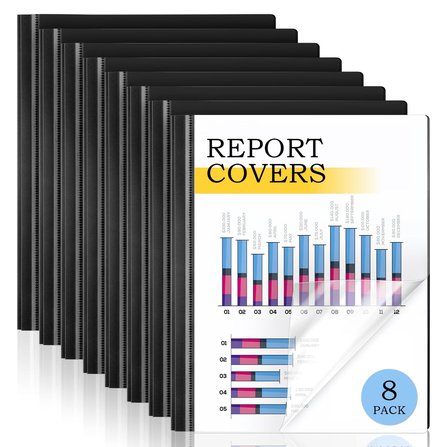 8 Pack Report Covers, COIDEA Report Covers with 3-Prong Fasteners, Presentation Folders for A4 and Letter Size Paper, Clear Front Report Covers Binder Bulk for School Business, 100 Sheet Capacity