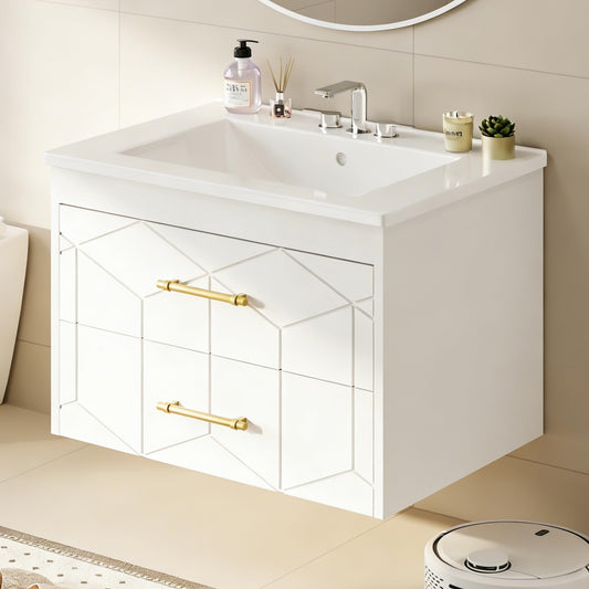 IDEALHOUSE Floating Bathroom Vanity with Sink 24 inch, Modern Bathroom Sink Cabinet, Ceramic Vanity Top, 2 Large Storage Drawers with Gold Metal Handle, Easy to Assembly, White