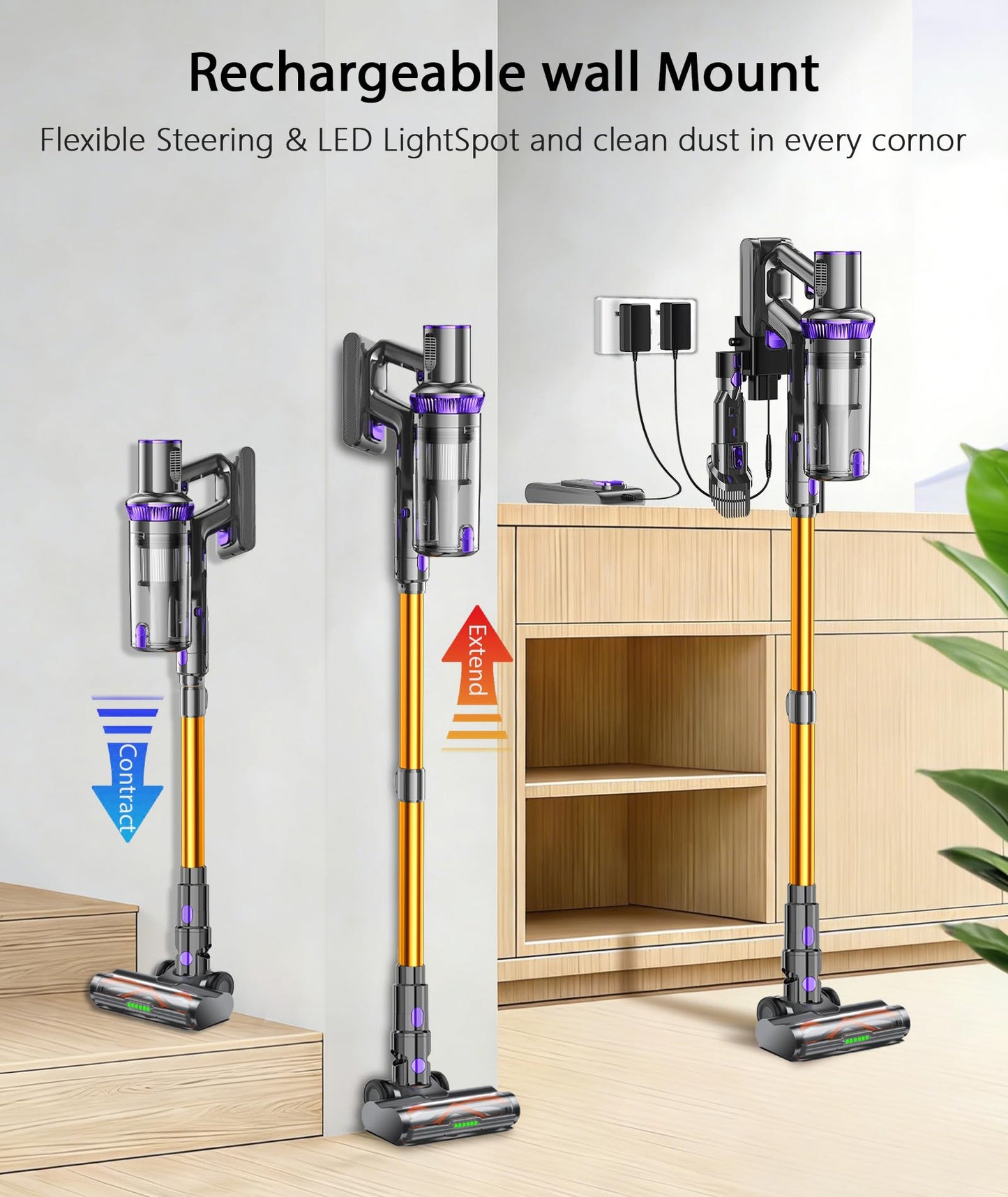 Cordless Vacuum Cleaner, 600W 55KPA 60Mins Vacuum Cleaners for Home,Anti-tangle Wireless Vacumm,Rechargeable Vacuum With Green Light,Powerful Stick Vacuum for Carpet/Hardwood Floors,Pet Hair,Purple