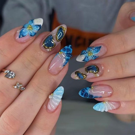 Summer Press On Nails Medium Almond Fake Nails French False Nails With Blue Floral Gold Pearl Design Reusable Acrylic Nail Press Ons Glossy Stick On Nails Full Cover For Women Manicure 24Pcs