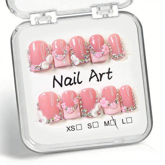 10 Pcs Handmade Press on Nails Short Square Fake Nails with Pink 3D Flower Rhinestones Design White French Tip False Nails Pink Acrylic M Size Press Ons Nails Square for Women